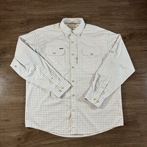 Poncho Shirt Mens Large Blue Gray Check Plaid Magnetic Pocket Performance *Flaw*